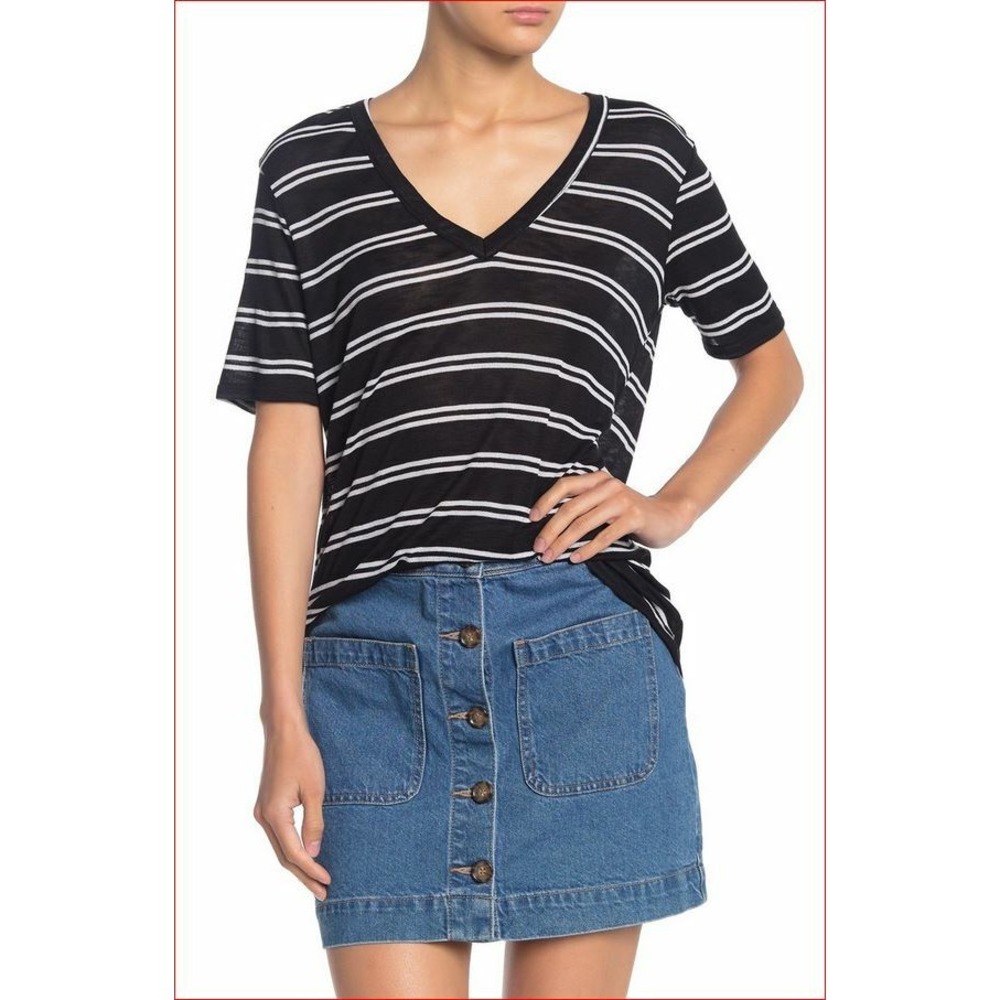 Splendid Womens Striped V-Neck T-Shirt Black White RT0964X XS New